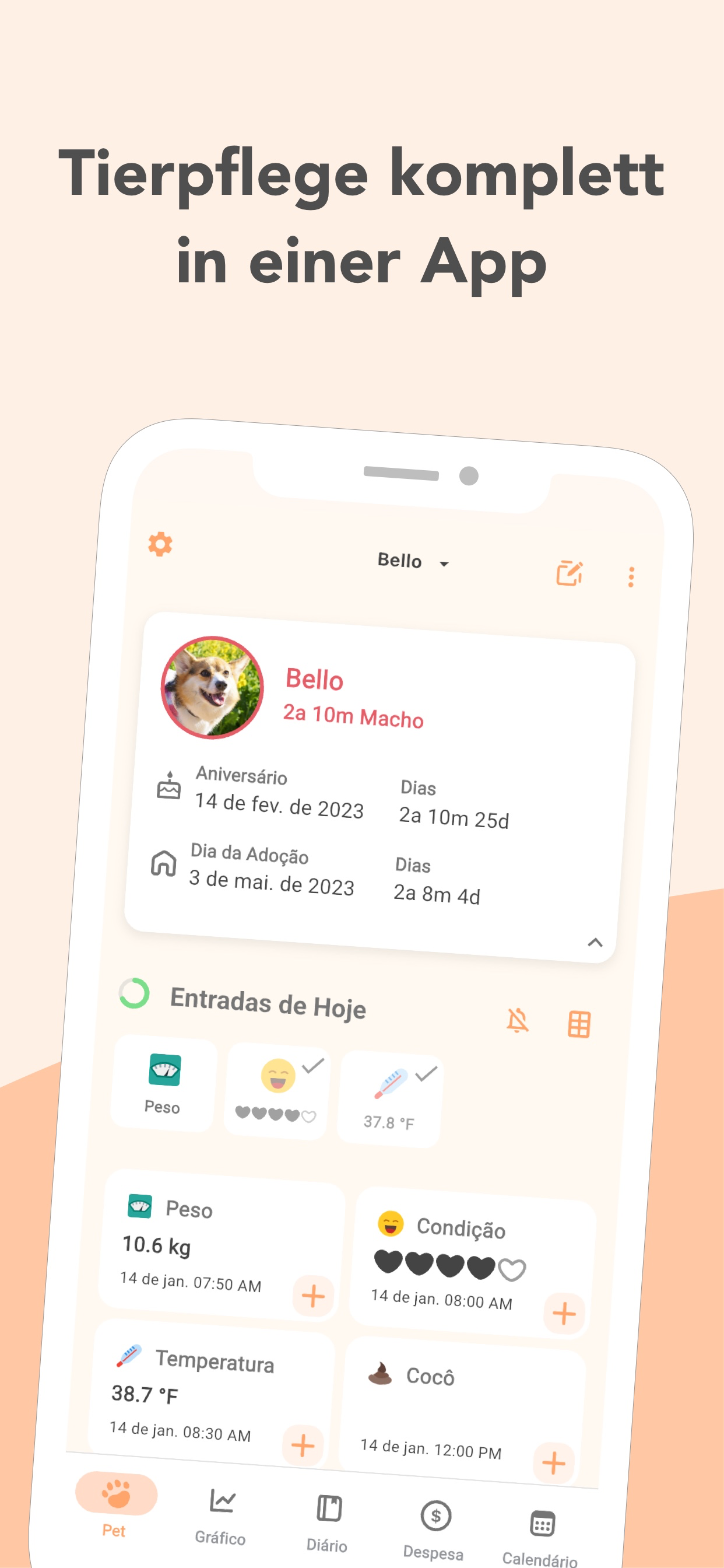 PetnotePlus Haustier-Dashboard mit Hundeprofil und heutigen Einträgen für Gewicht, Temperatur und Zustand