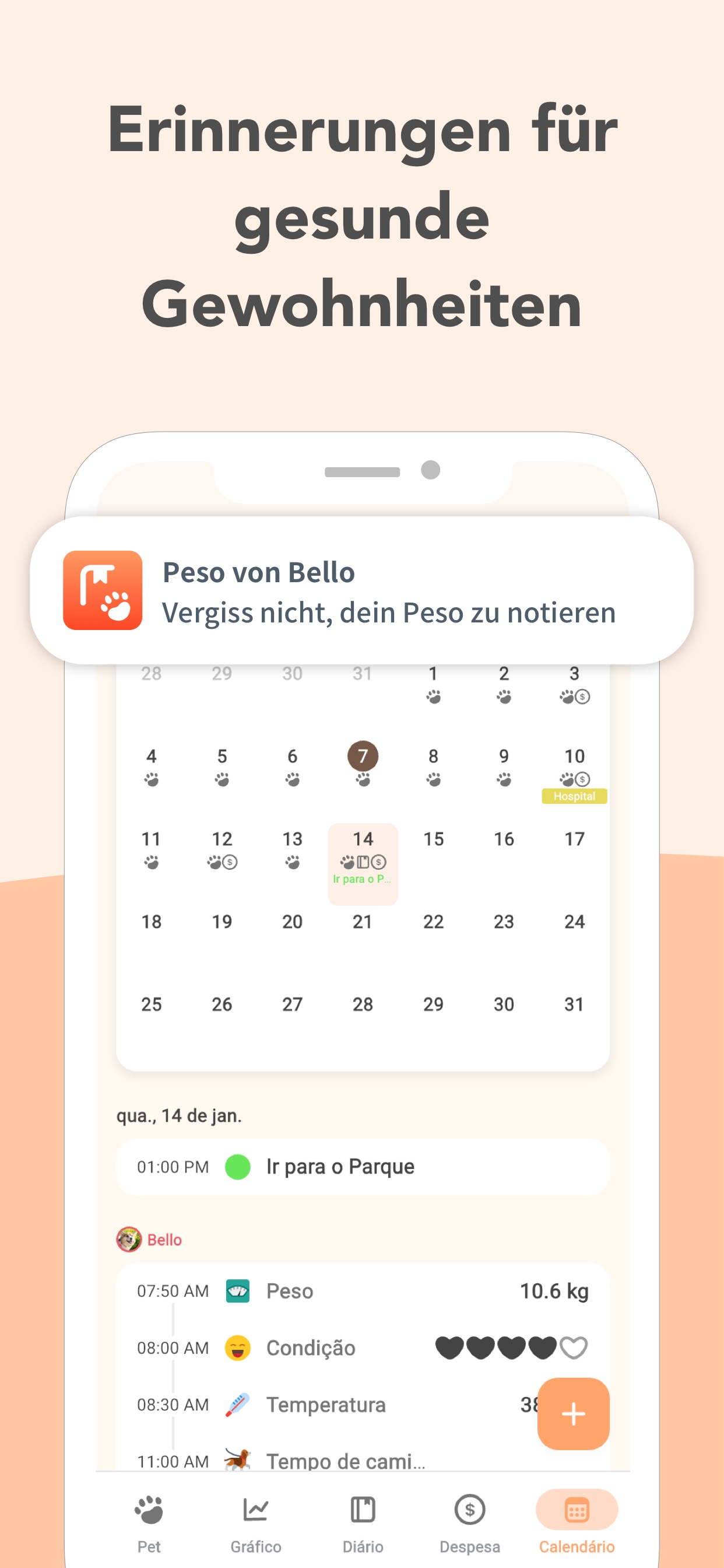 Pflegekalender mit täglichen Einträgen, Tagebuch und anstehenden Terminen