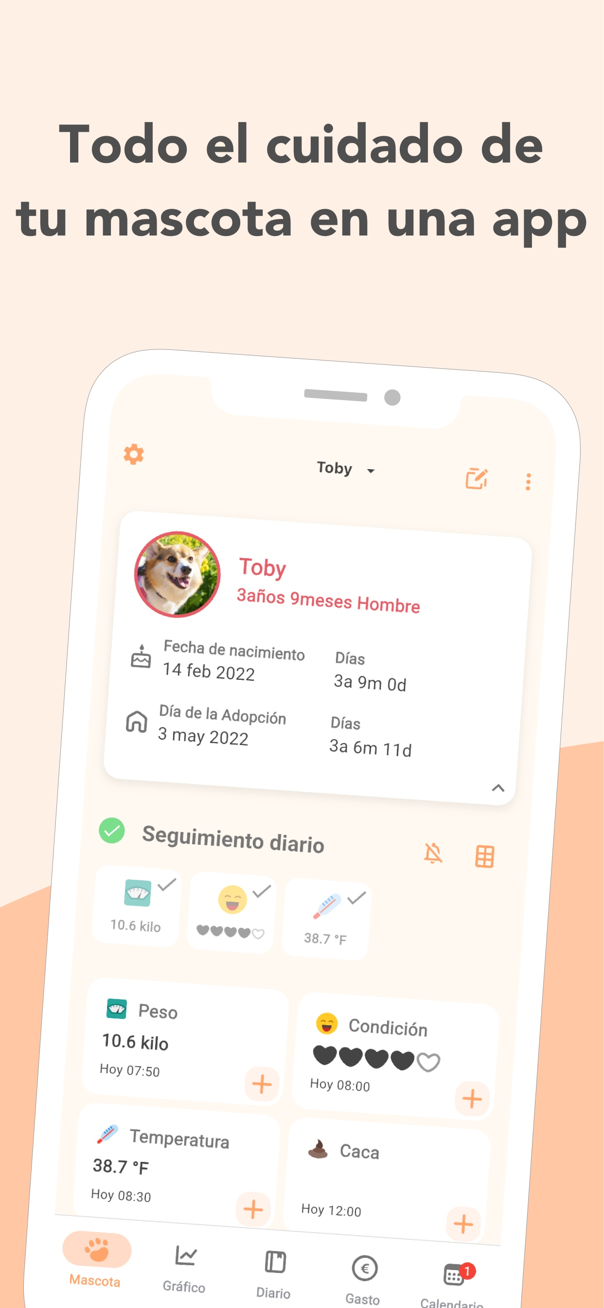 Panel de mascotas de PetnotePlus con el perfil de un perro y los Registros de hoy de peso, temperatura y estado