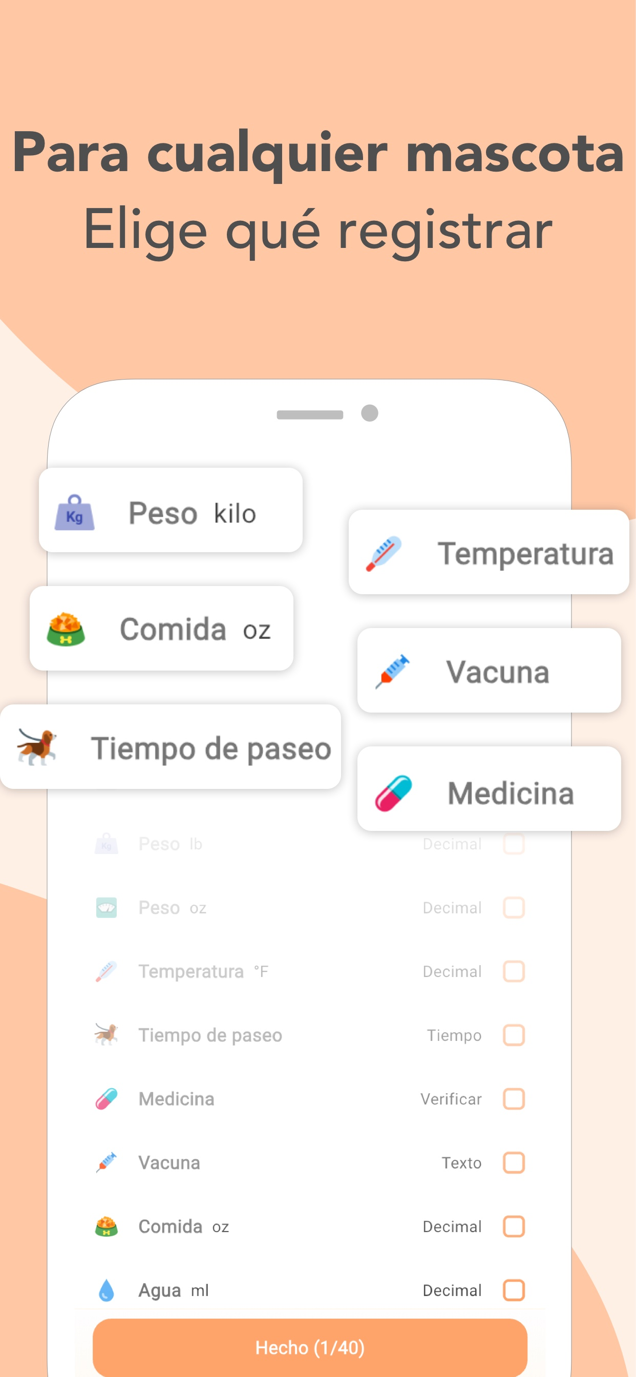 Categorías de registro: visitas al veterinario, peso, paseos, medicamentos, aseo, comidas y vacunas