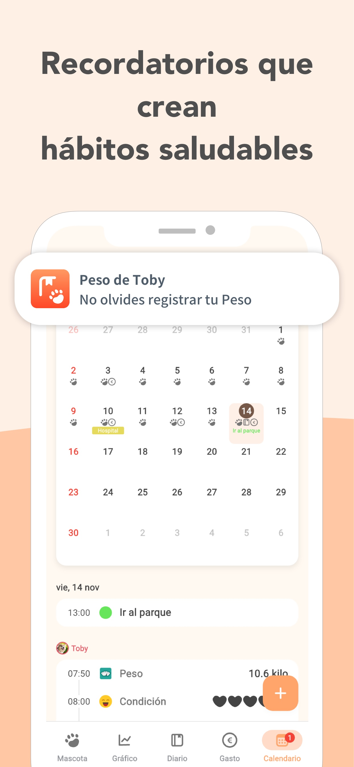 Calendario de cuidados con registros diarios, diario y próximos eventos
