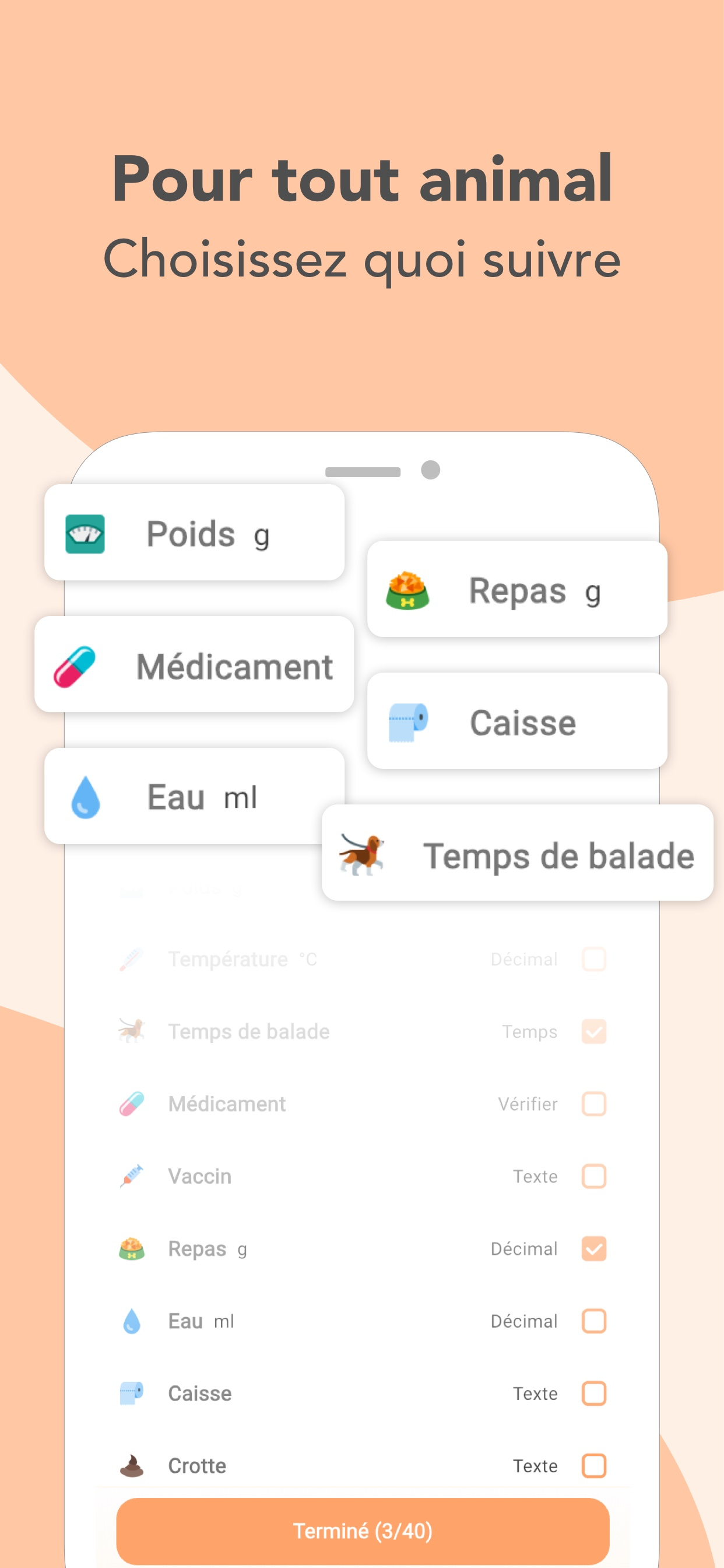 Catégories d'entrées : visites vétérinaires, poids, promenades, médicaments, toilettage, repas et vaccins