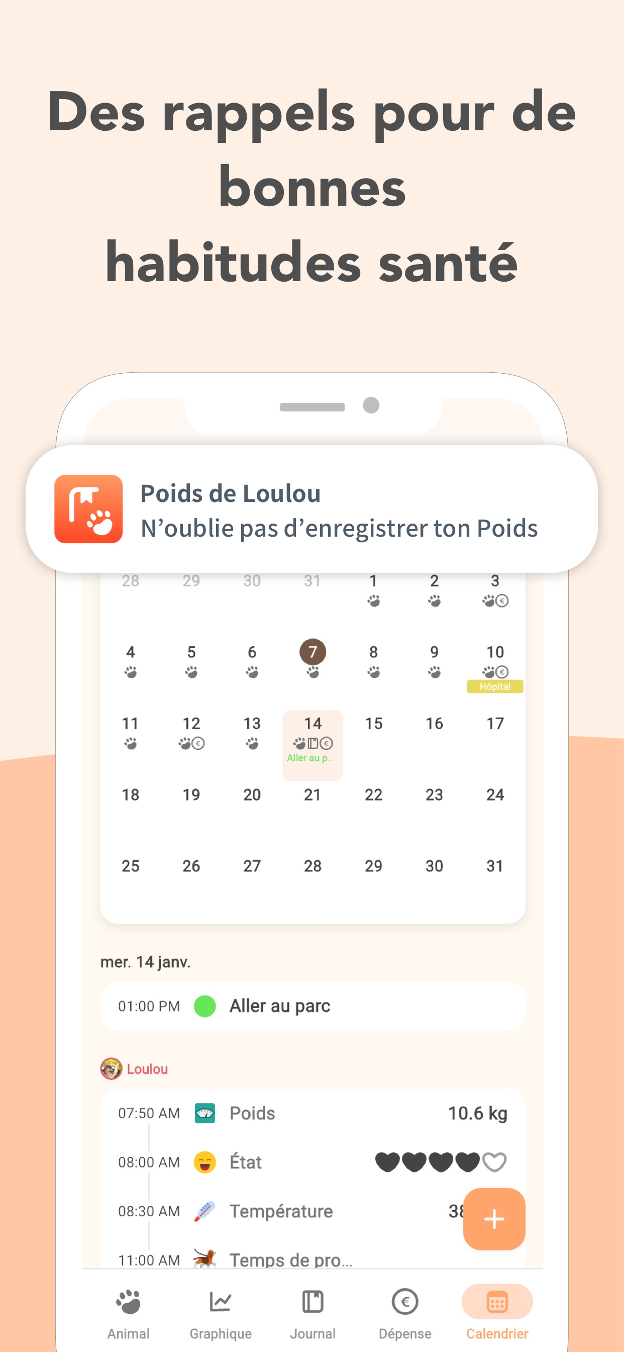 Calendrier de soins affichant les entrées quotidiennes, le journal et les événements à venir