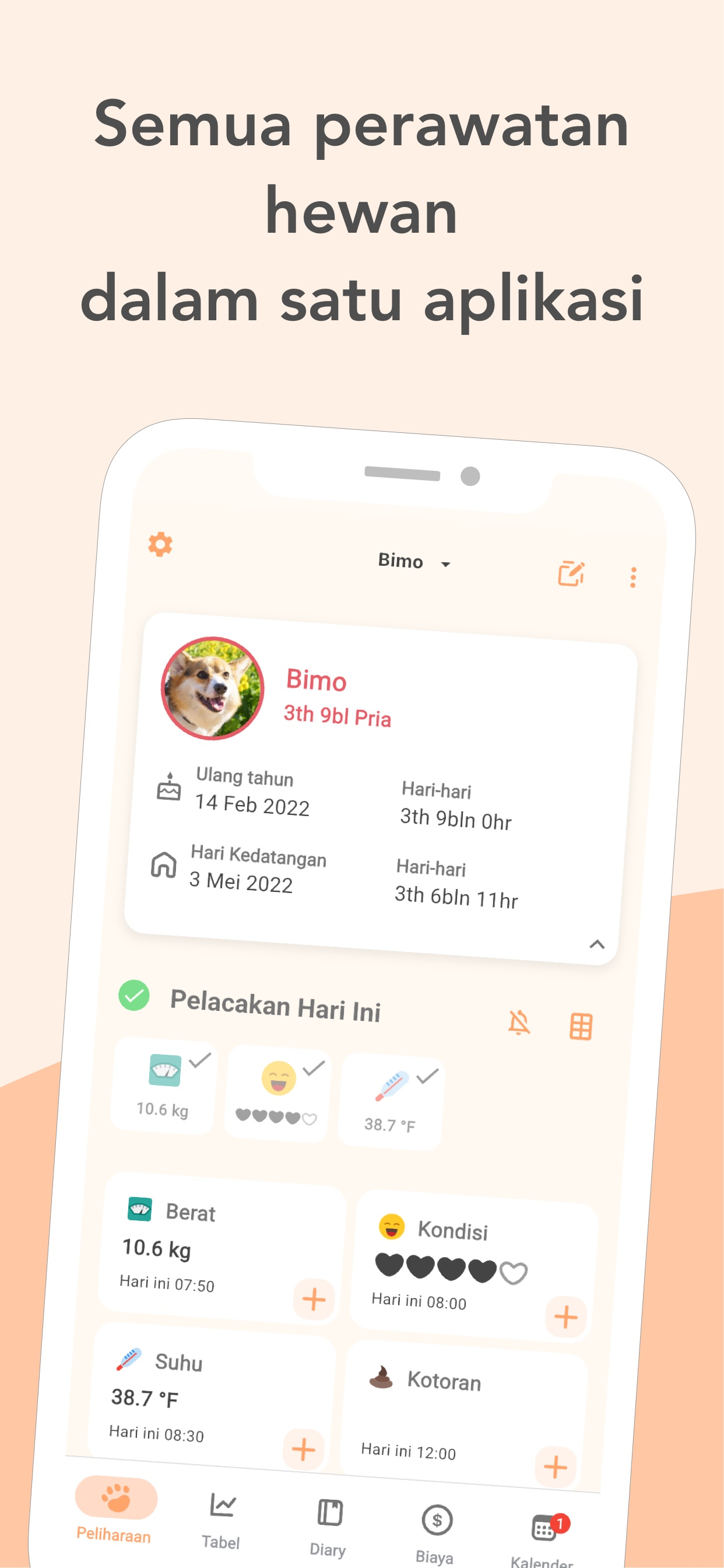 Dasbor hewan PetnotePlus menampilkan profil anjing dan Catatan Hari Ini untuk berat badan, suhu tubuh, dan kondisi