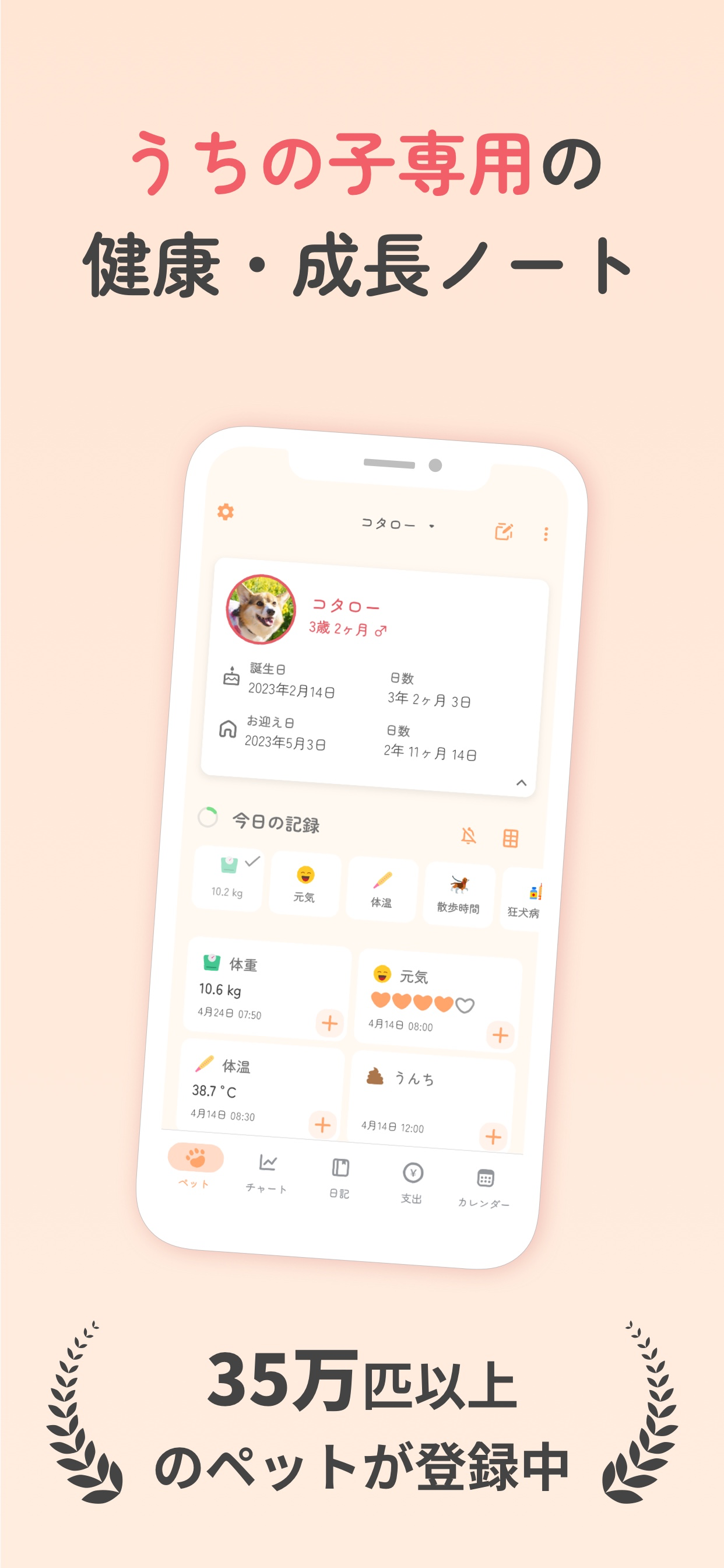 ペットノートPlusのダッシュボード。犬のプロフィールと今日の記録(体重・体温・状態)が表示されている