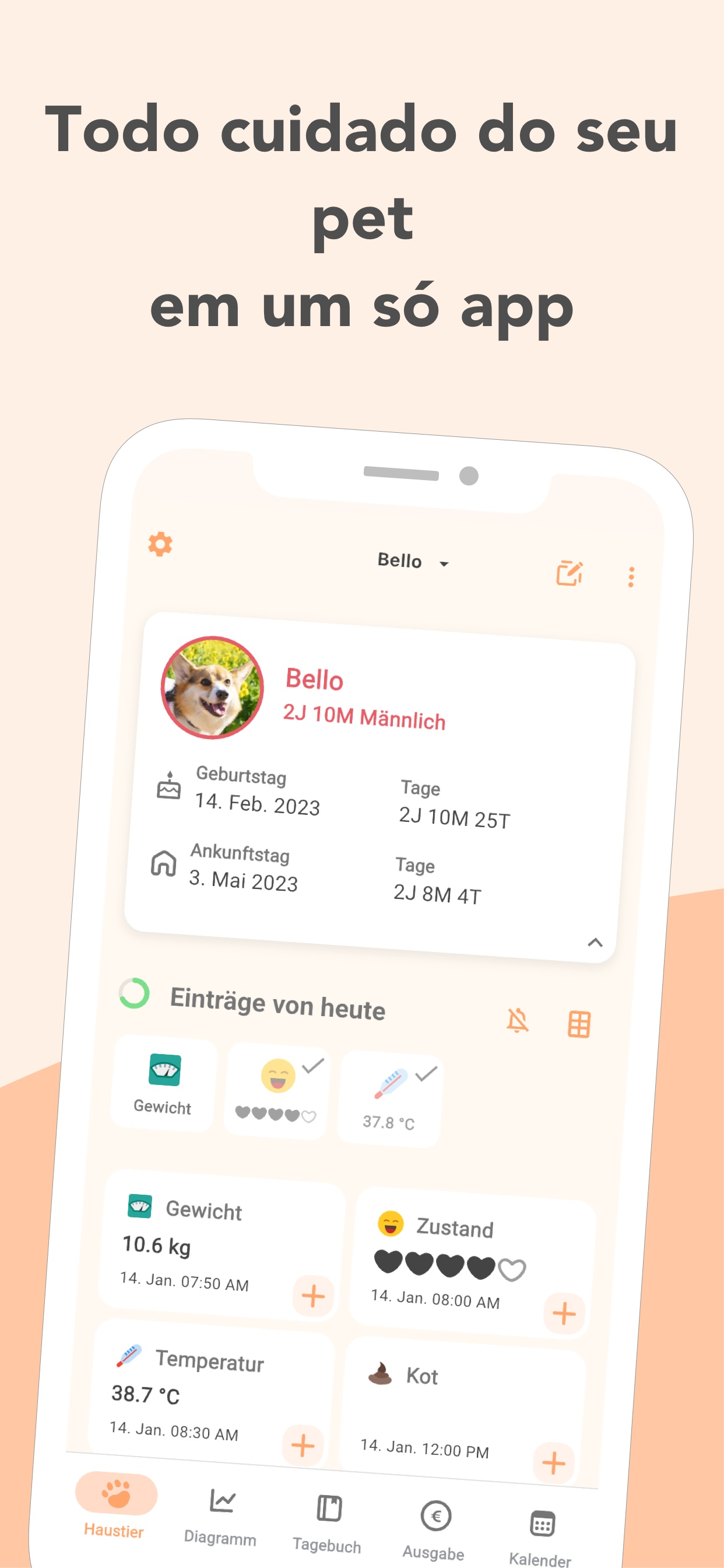 Painel do PetnotePlus mostrando o perfil de um cachorro e os Registros de Hoje de peso, temperatura e condição