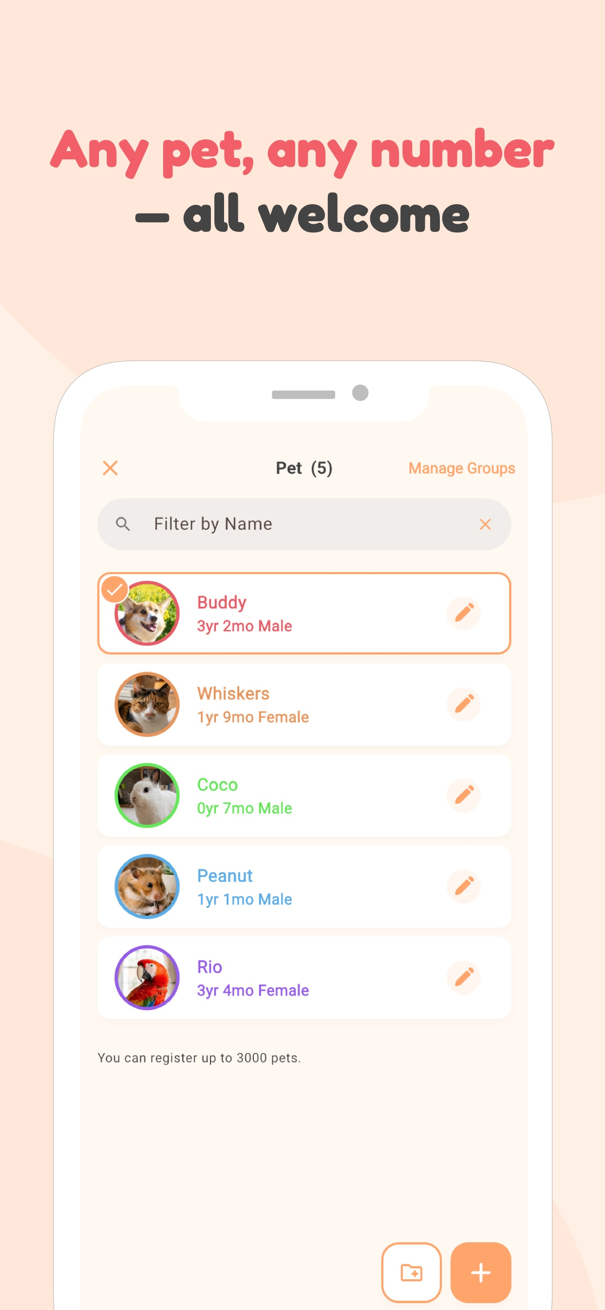 Lista de gerenciamento de vários pets do PetnotePlus mostrando cachorros, gatos, um hamster e um pássaro, cada um com o próprio perfil