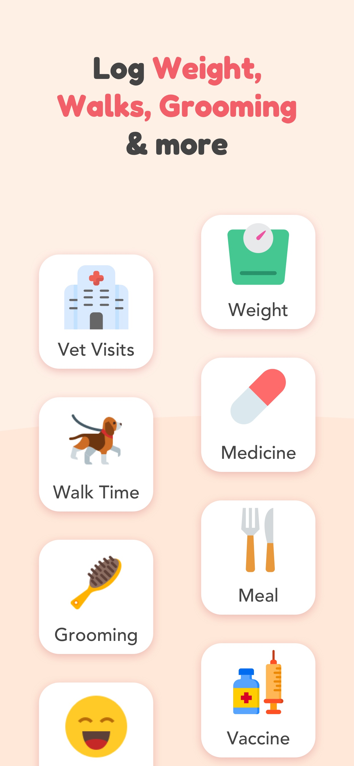 Pet record categories including vet visits, weight, walk time, medicine, grooming, meals and vaccines