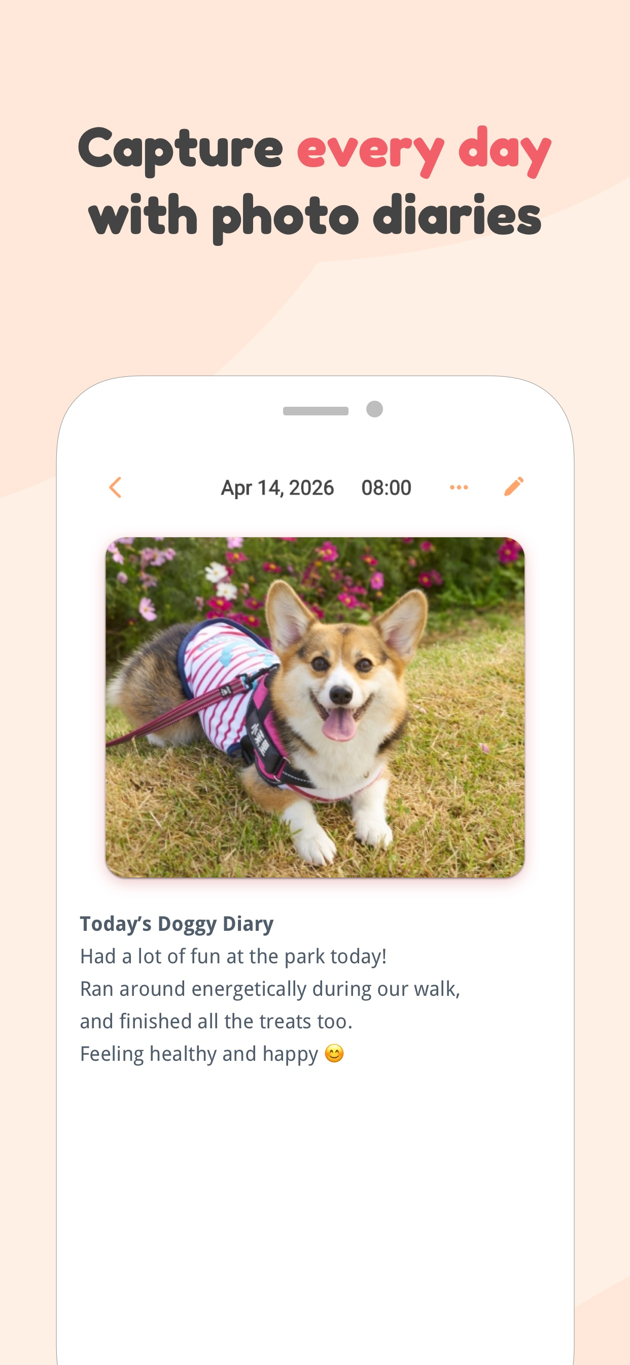 Photo pet diary entry with a journal note about the day
