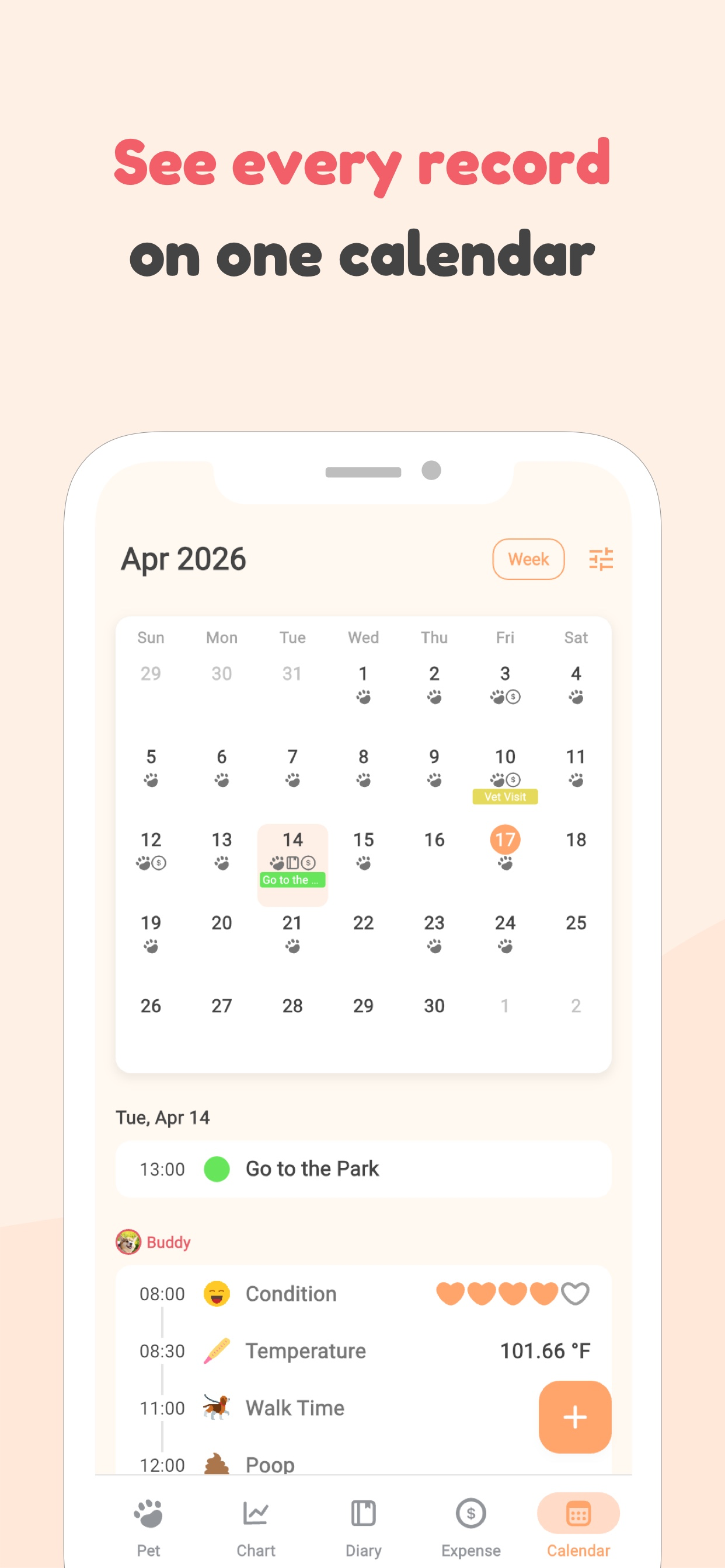 Pet care calendar showing daily records, diary and upcoming events